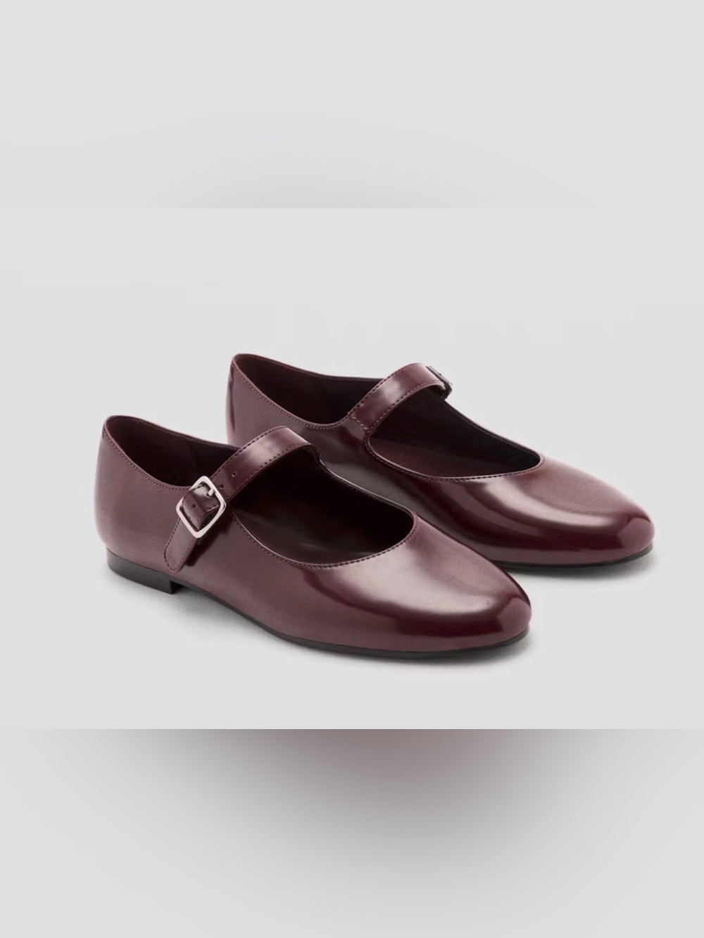 NEW MANGO MNG BURGUNDY PATENT LEATHER EFFECT BUCKLE STRAP BALLET FLATS 37 US 6.5